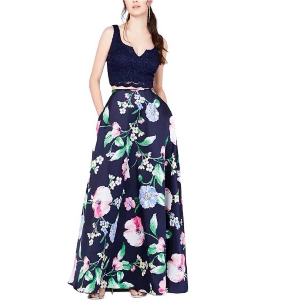 City Studio Navy Floral Two Piece Prom Dress (size 1)